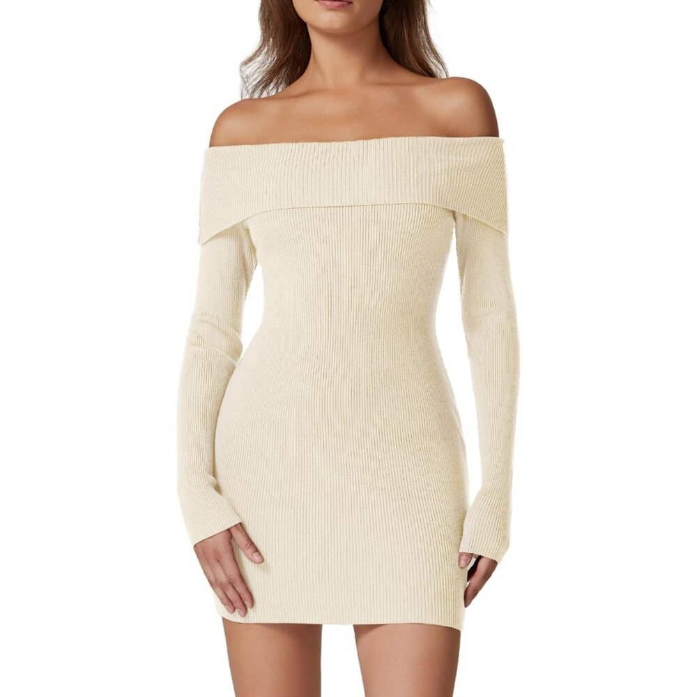 Luxurious Beige Off The Shoulder Sweater Dress With Long Sleeves - 2024 Trends